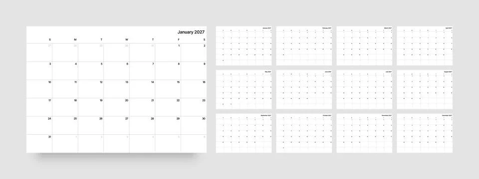 Monthly calendar layout for 2027. Planner diary. Ilustração Stock