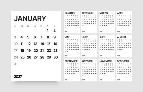 Monthly calendar layout for 2027. Planner diary. Stock Illustration