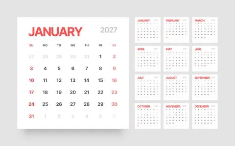 Monthly calendar layout for 2027. Planner diary. Ilustração Stock