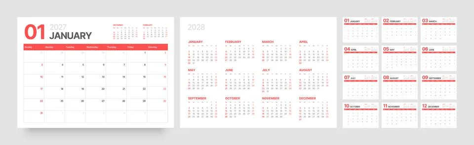 Monthly calendar layout for 2027. Planner diary. Ilustração Stock