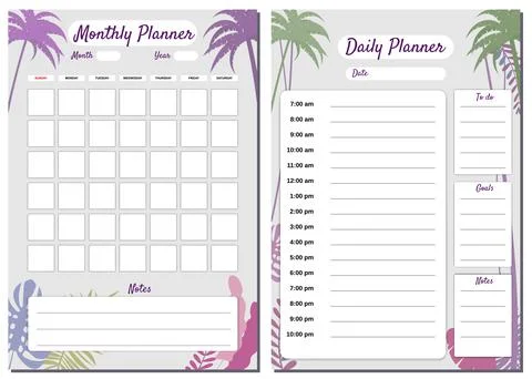 Monthly, Daily Planner Set template vector. Palms floral decoration background Stock Illustration