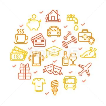 Monthly Expenses Signs Round Design Template Thin Line Icon Concept. Vector Stock Illustration