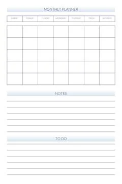 Monthly personal planner diary template in classic strict style. Monthly cale Stock Illustration