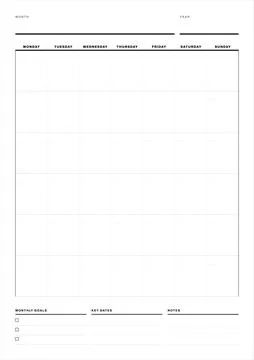 Monthly Planner Calendar Template Vector Layout Stock Illustration