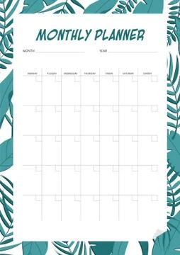 Monthly planner with jungle leaf design. Business and time management. Illustrazione stock