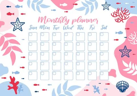 Monthly planner. Summer marine pattern with corals, starfish, algae, shells and Illustrazione stock
