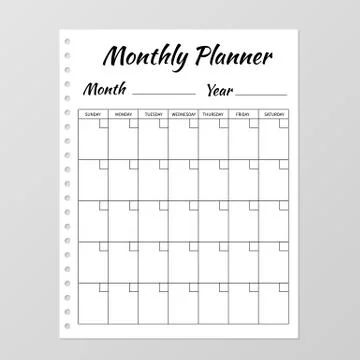 Monthly planner template. Blank white notebook page isolated on grey. Organiz Stock Illustration