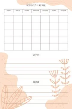 Monthly planner template with hand drawn trendy organic shapes and floral bot Stock Illustration