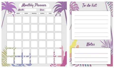 Monthly Planner template vector. Palms floral decoration background, To Do list Stock Illustration