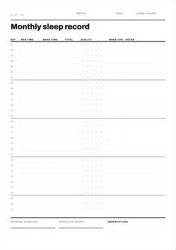 Monthly sleep record planner template Illustrazione stock