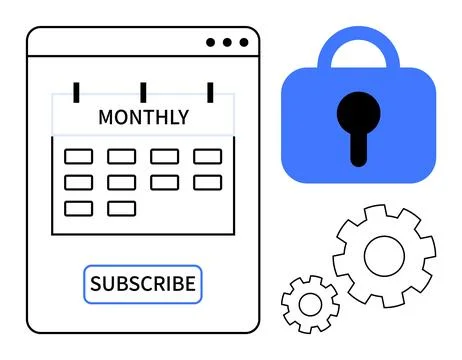 Monthly Subscription Concept with Calendar, Subscribe Button, Lock, and Gears Stock Illustration