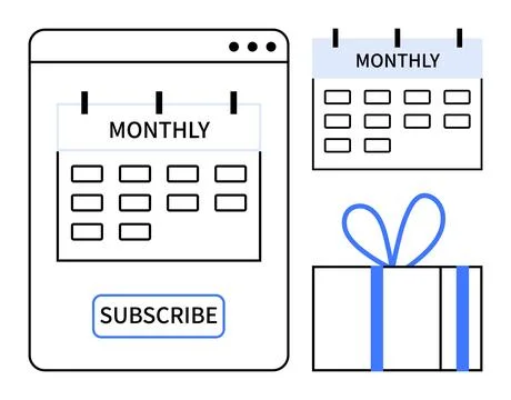 Monthly Subscription Concept with Calendar, Subscribe Button, and Gift Box Stock Illustration