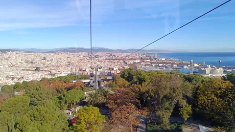 The Montjuïc cable car offering panoramic views of Barcelona and the sea Stock Footage 328664866