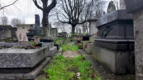 Montmartre Cemetery displaying rows of ancient tombs under bare trees, covered Stock Footage 330857314