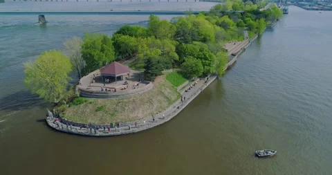 Montreal, CA. Parc De Dieppe park peninsula with a gazebo and river. Stock Footage 314840922