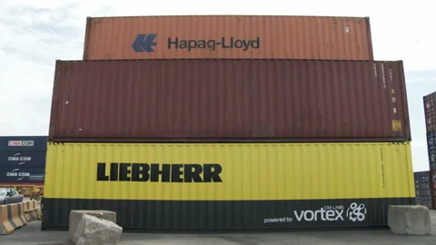 Montreal, Canada – 05/18/2012: Container Stack, Liebherr, Hapag-LLoyd Stock Footage 188198128