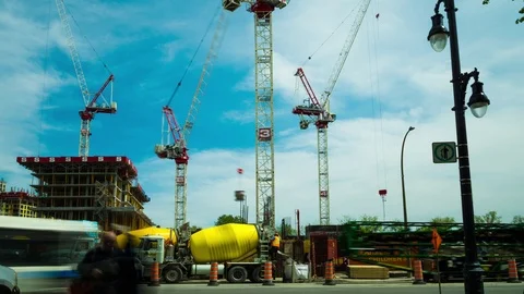 Montreal, Canada – 05/22/2019: cranes, cement trucks, old Childrens Hospital, 4K Stock Footage 113682844