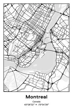 Montreal, Canada - vector map of city in Black, white, gray, BW colors Stock Illustration