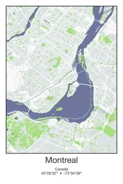 Montreal, Canada - vector map of city in Gray, Blue, Green, White colors Stock Illustration