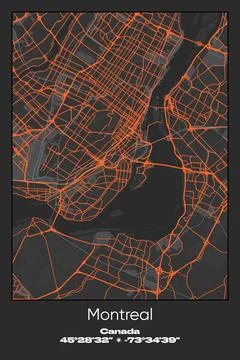Montreal, Canada - vector map of city in Gray, Black, Orange colors Stock Illustration