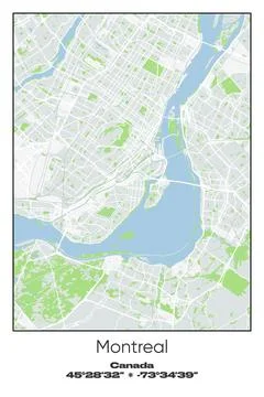 Montreal, Canada - vector map of city in Gray, white, green, blue colors Stock Illustration