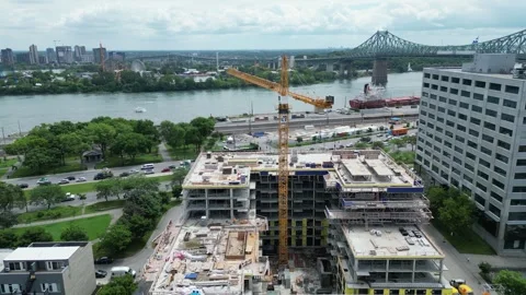 Montreal Construction Site and Jacques Cartier Bridge Aerial – Editorial 4K Stock Footage 332626275