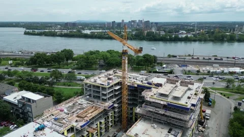 Montreal Construction Site and Jacques Cartier Bridge Aerial – Editorial 4K Stock Footage 332626317