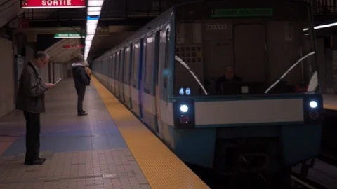 Montreal metro subway train arriving Stock Footage