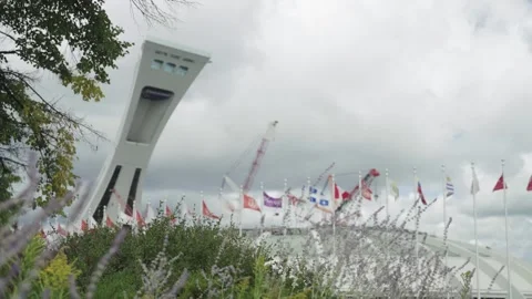 Montreal Olympic Stadium Tower and Flags Over Wildflowers Vidéo 336947653