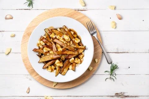 Montreal poutine from above view. Stock Photos
