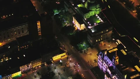 Montreal Quebec Aerial v44 Birdseye view flying low around government building Stock Footage