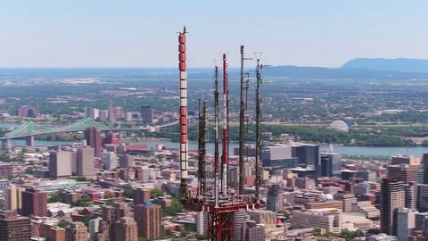 Montreal Quebec Aerial v52 Closeup flying around radio tower cityscape views Stock Footage 79359341