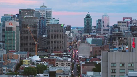 Montreal Quebec Aerial v79 Flying low across downtown with cityscape views dusk Stock Footage