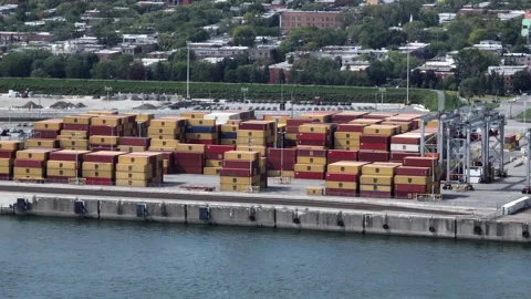 Montreal shipping containers on docks Stock Footage 250107002