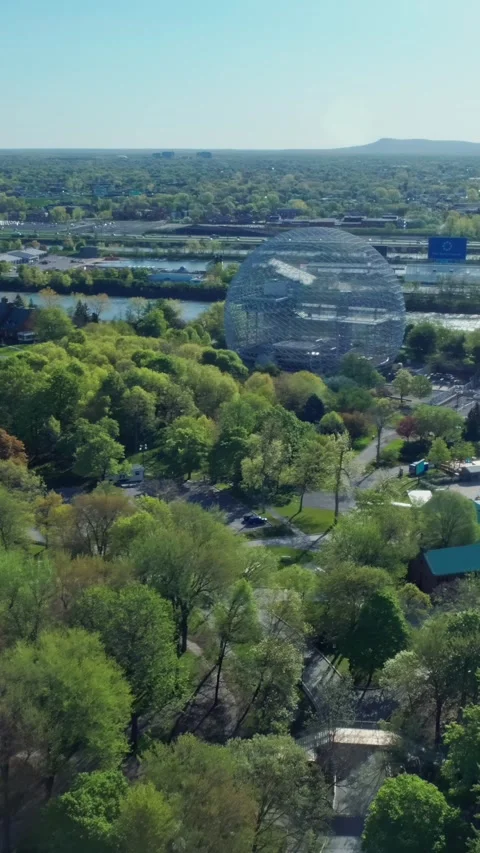 Montreal's Parc Jean-Drapeau features the Biosphere and a bridge 스톡 동영상 315075977