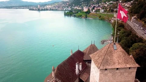 Montreaux, Lac Leman, Chateau de Chillon, Swiss Flag, Aerial 4K Stock Footage