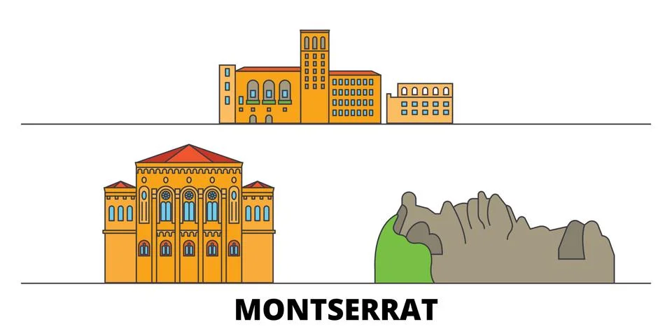 Montserrat flat landmarks vector illustration. Montserrat line city with famous Иллюстрация