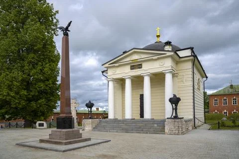 Monument to the 3rd Infantry Division and the Church, Monastery. Borodino Field 스톡 사진