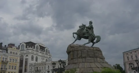 Monument of Bohdan Khmelnytsky On Sofia Square, Kiev, Old Multi-Storeyed Living Stock Footage 52902306