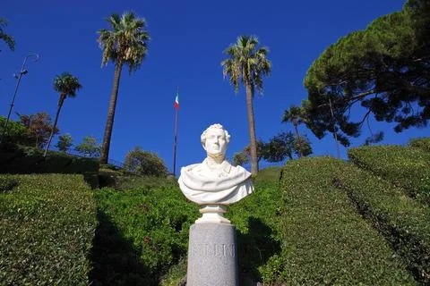 Monument Bust Vincenzo Bellini Palm trees Parco Maestranze Park Villa Bellini Stock Photos