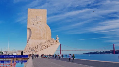 Monument to Discoveries to Age of Discovery shaped as sword with statues of Stock Footage 305418949