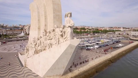 Monument to the Discoveries at Belem District, Lisbon, Portugal, Aerial View Stock Footage
