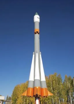 Monument to first rocket launch from Plesetsk cosmodrome at railway station o Stock Photos