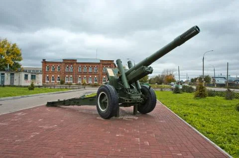 Monument in the form of a howitzer 840. Stock Photos