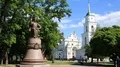 Monument to Ivan Mazepa and Holy Assumption Cathedral in Poltava city, Ukraine HD Footage