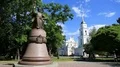 Monument to Ivan Mazepa and Holy Assumption Cathedral in Poltava city, Ukraine HD Footage
