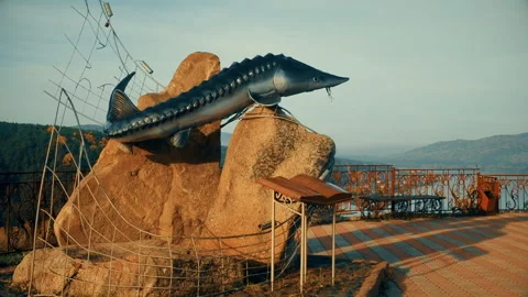 Monument king-fish, the observation deck on the Yenisei River Stock Footage 95827120