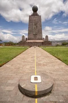 The monument marking the zero latitude in the Mitad del Mundo Ecuador Stock Photos
