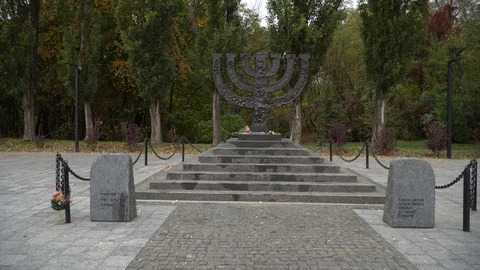 Monument Menorah to the executed Jews in Babi Yar, Kyiv, Ukraine. Gimbal shot. Stock Footage 117430587