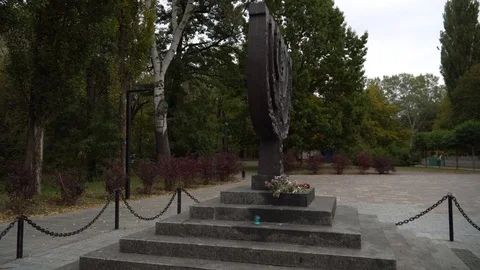 Monument Menorah to the executed Jews in Babi Yar, Kyiv, Ukraine. Gimbal shot. Stock Footage 117430672